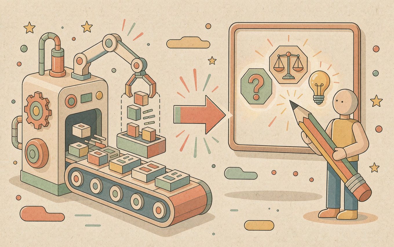 机器批量套出标准句子，学生手持铅笔面对问号、天平和灯泡——判断、权衡与创造是机器替代不了的
