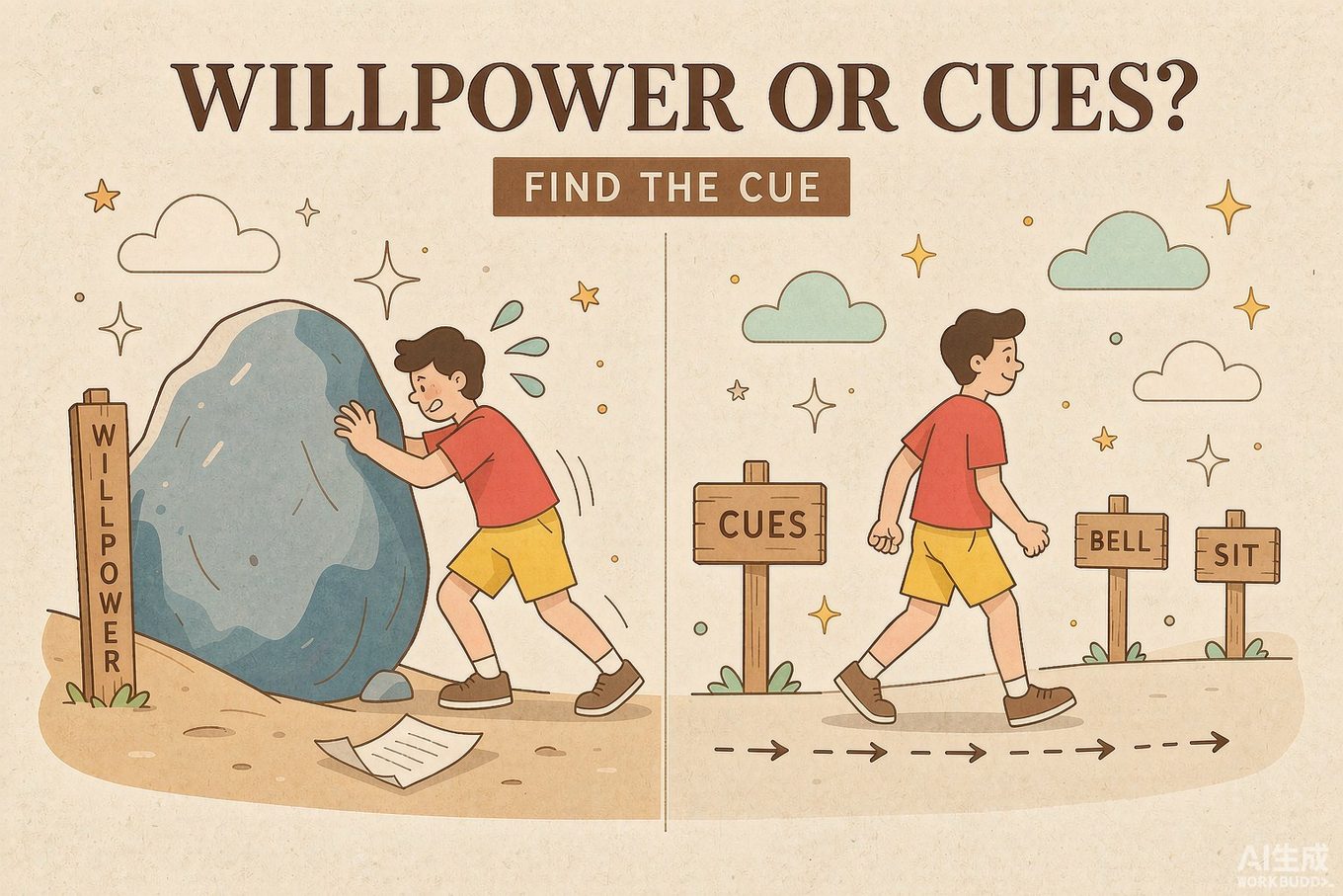 习惯形成插画：左边的人顶着一块写着 WILLPOWER 的巨石上坡，满头是汗；右边的人沿着插着 BELL、SIT 路牌的小路轻松前行，路口立着 CUES