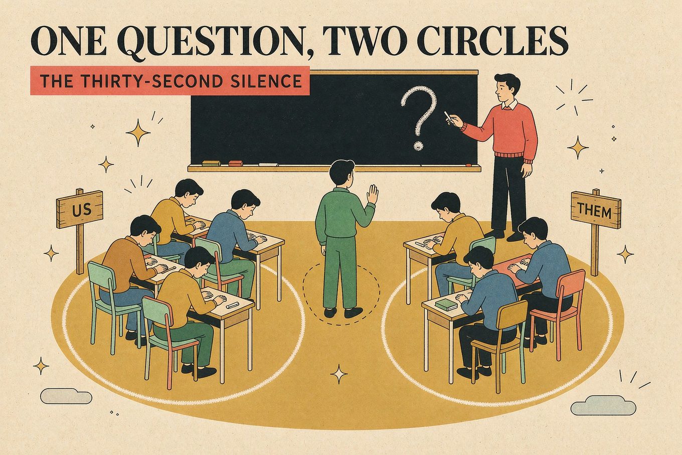 社会认同插画：教室地面上画着两个粉笔圈，木牌分别写着 US 和 THEM，圈里的学生都低着头、眼睛瞟向中间；一个不属于任何圈子的学生独自站在两圈之间，举起了手；黑板前老师刚画上一个大问号