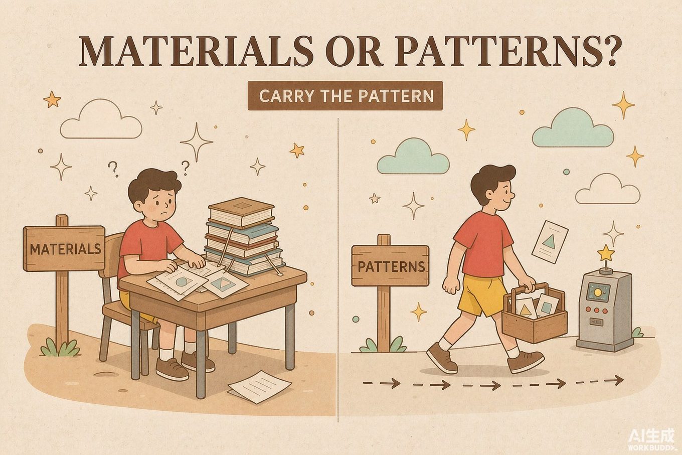 学习迁移插画：左边的学生被钉在桌上的卡片和书堆困住（MATERIALS）；右边的学生拎着装几何模式卡的工具箱，把一张模式卡贴到陌生的新机器上，机器亮起星星（PATTERNS）